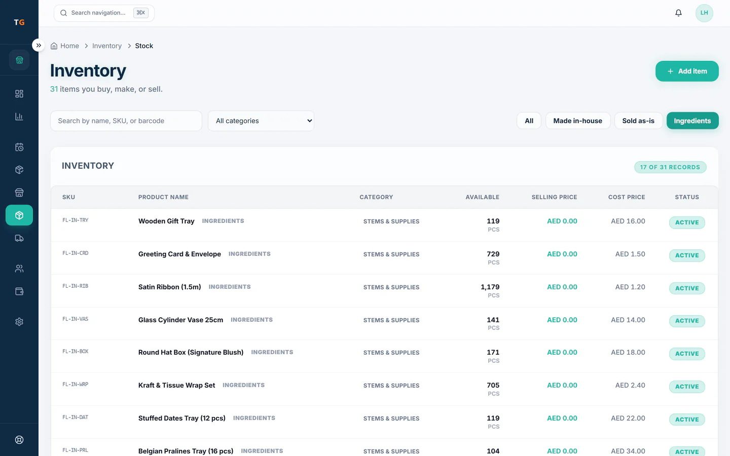 TajerGo inventory list with stock on hand, units and low stock warnings, Bloom & Cocoa Flowers demo tenant
