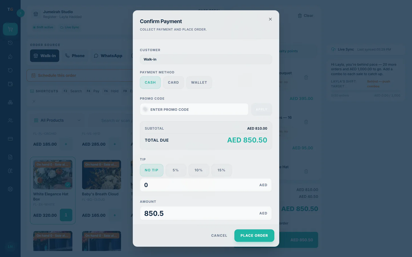 TajerGo POS confirm payment dialog with the payment method, total due, tip and amount received, Bloom & Cocoa Flowers demo tenant