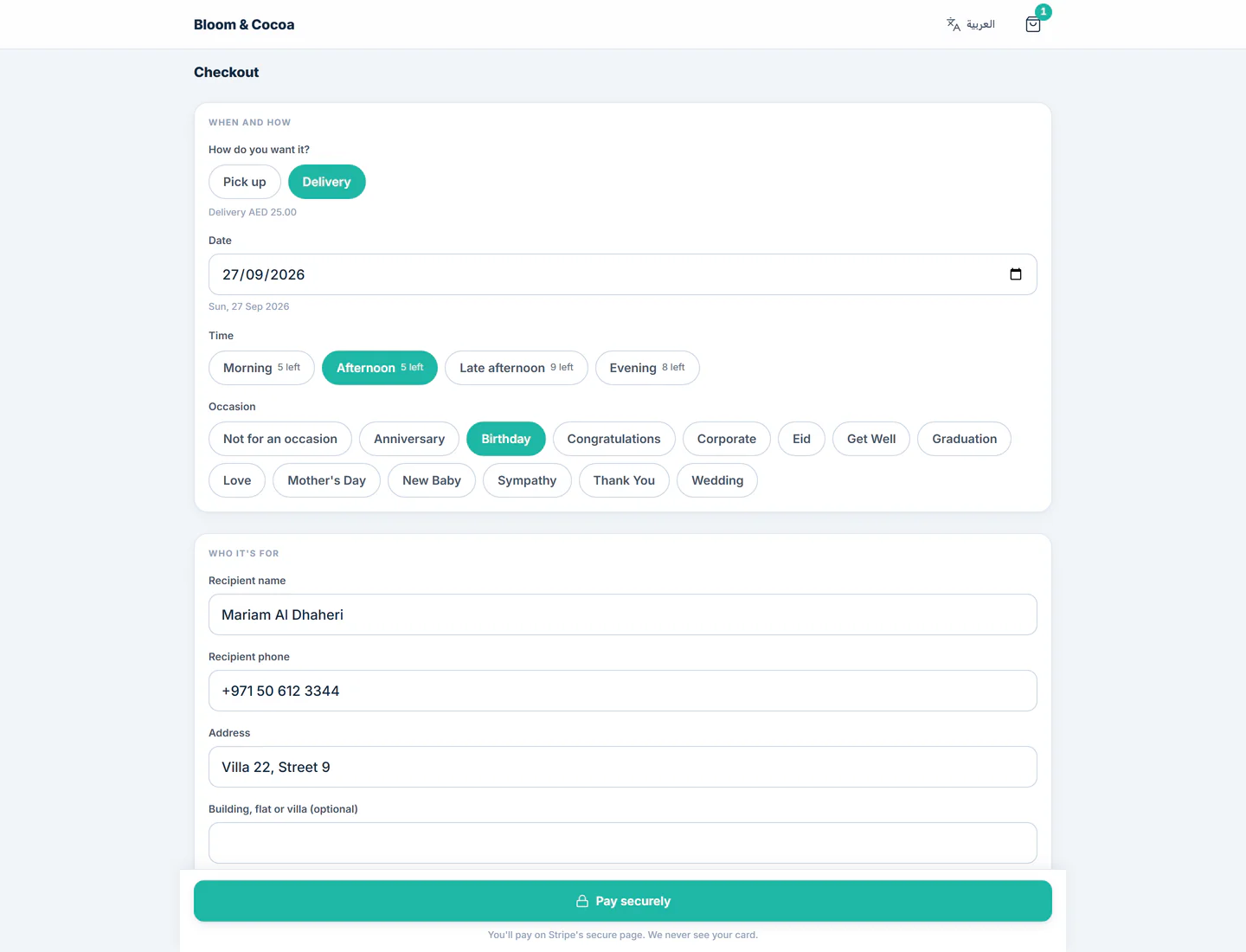 TajerGo customer online shop checkout with delivery date, time slot, occasion and recipient details, Bloom & Cocoa Flowers demo tenant