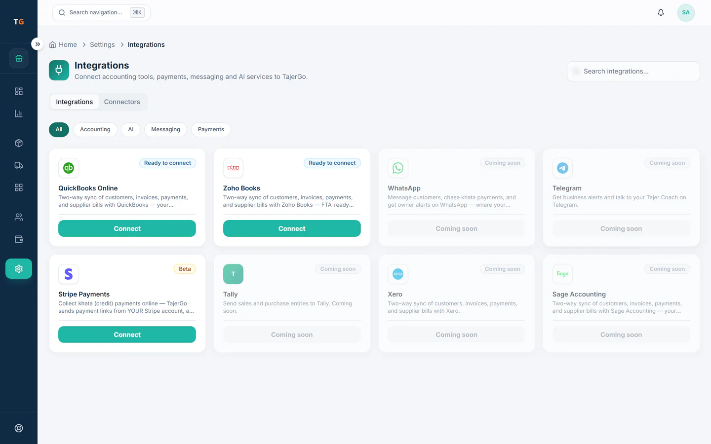 TajerGo integrations page with QuickBooks Online and Zoho Books ready to connect, Al Waha Kitchen & Cafe demo tenant
