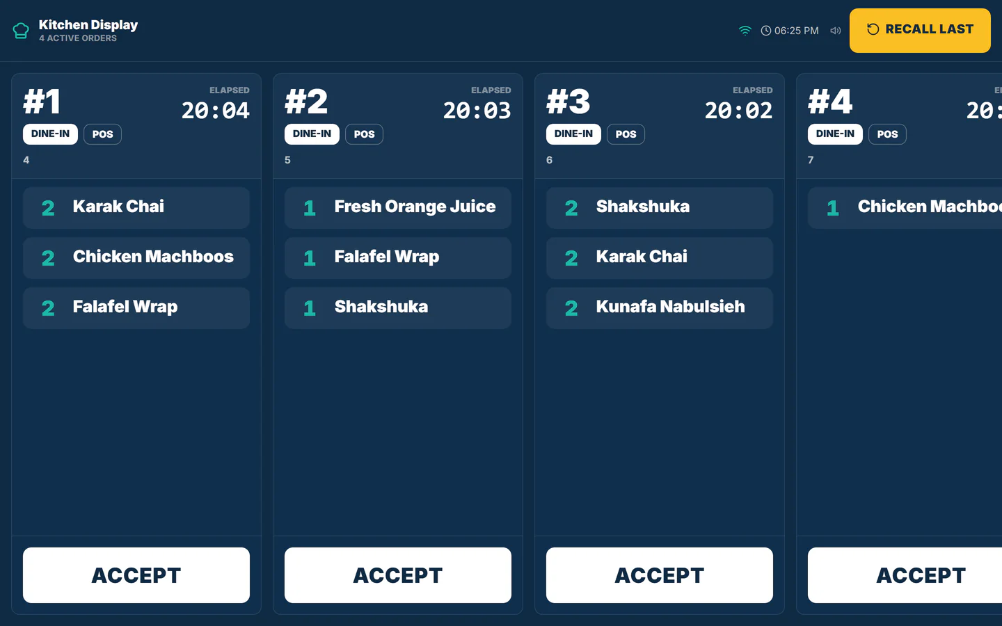 TajerGo kitchen display with live order tickets, elapsed timers and item notes, demonstration data