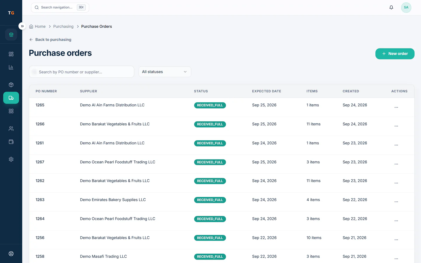 TajerGo purchase orders list with received, partially received, submitted and draft orders, Al Waha Kitchen & Cafe demo tenant