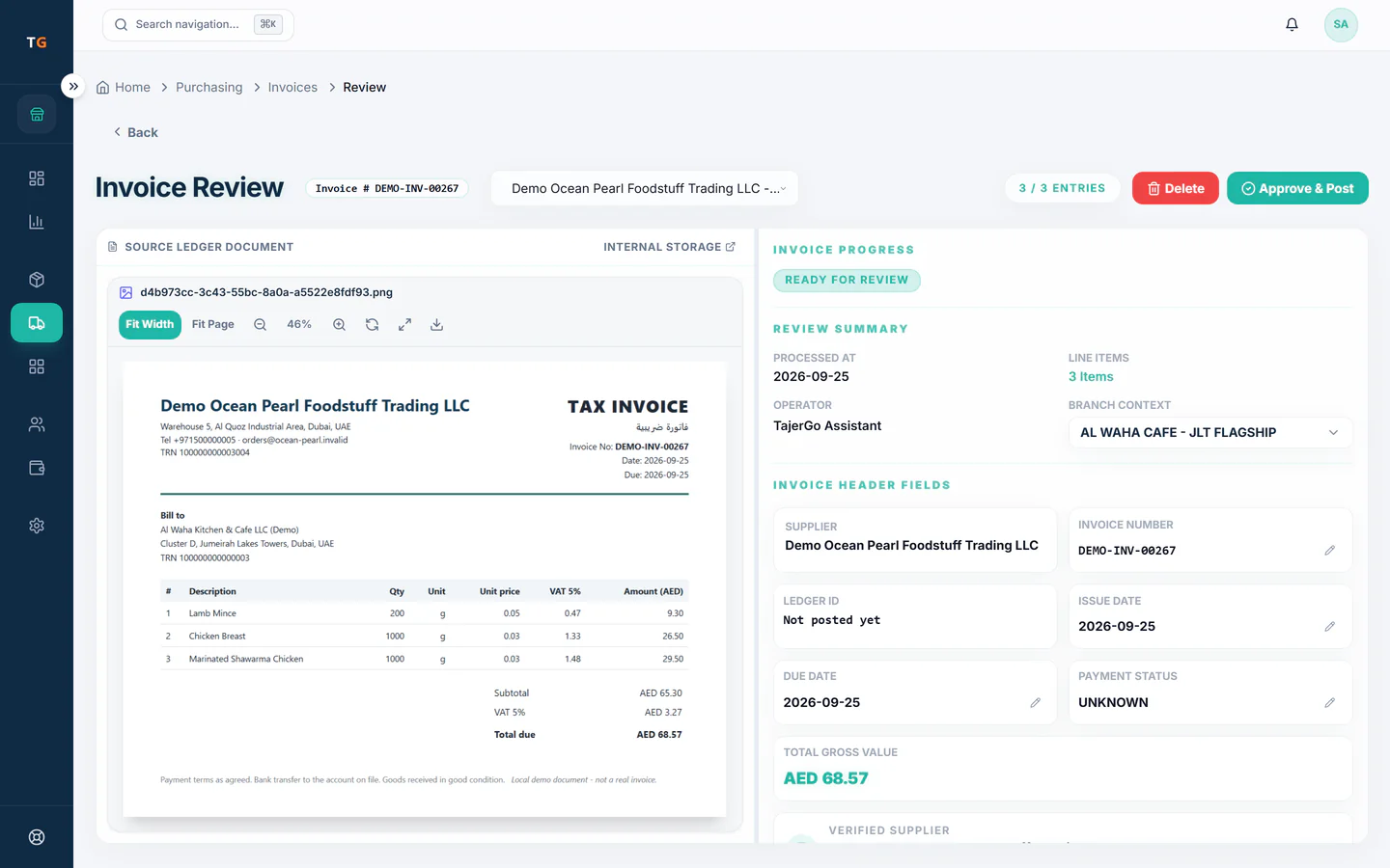 TajerGo supplier invoice review with the tax invoice image beside the extracted header fields, marked ready for review, Al Waha Kitchen & Cafe demo tenant