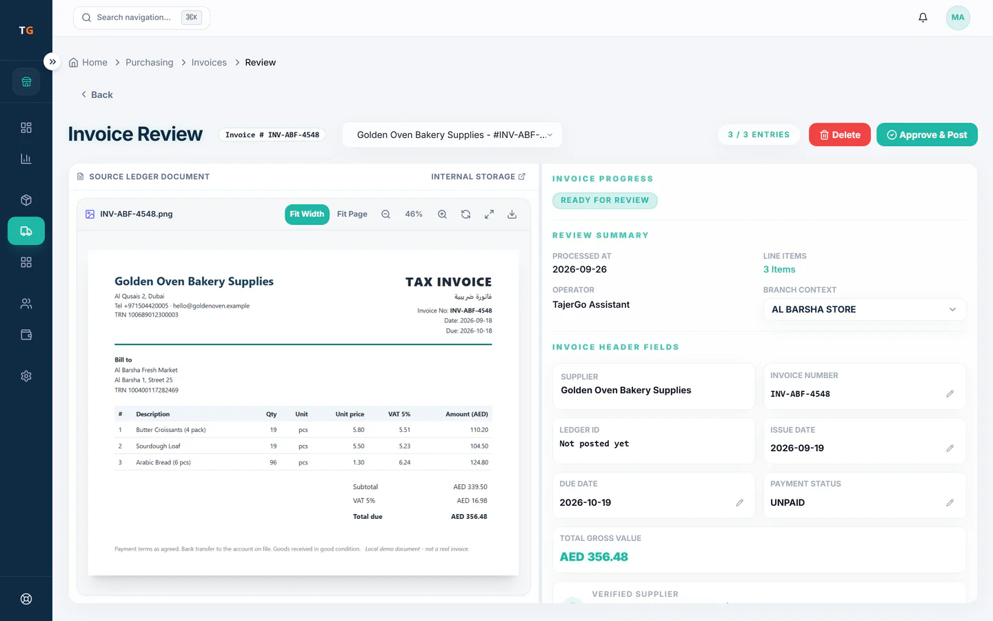 TajerGo supplier invoice review with the tax invoice image beside the extracted header fields, marked ready for review, Al Barsha Fresh Market demo tenant