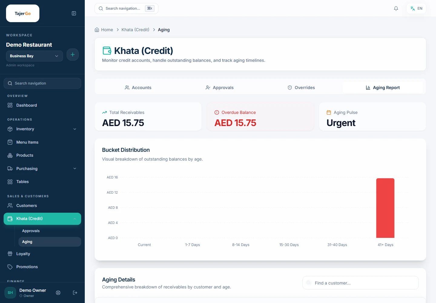 TajerGo Khata aging report with receivables, overdue balance and aging bucket distribution