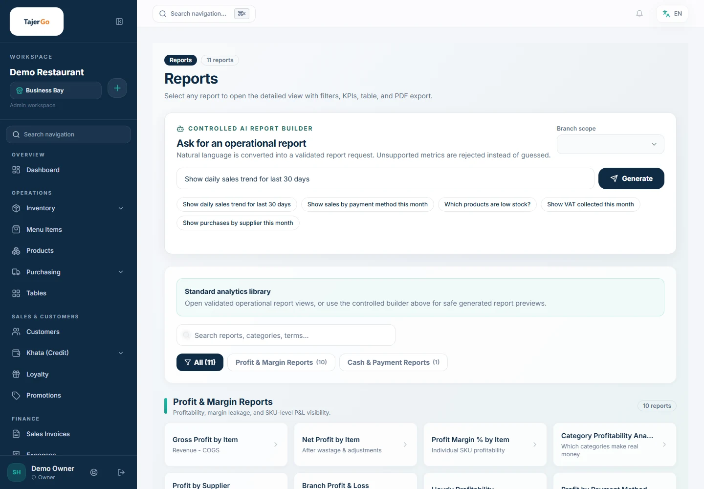 TajerGo controlled report builder with a plain-language report question, branch scope and analytics catalogue