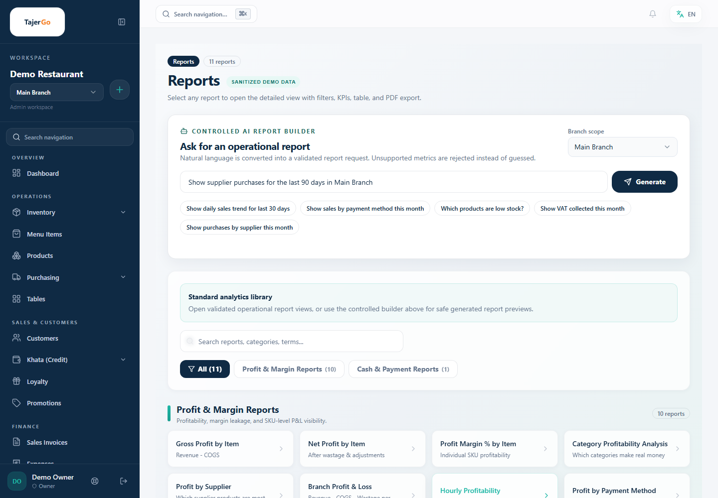 TajerGo controlled report builder with sanitized demo data