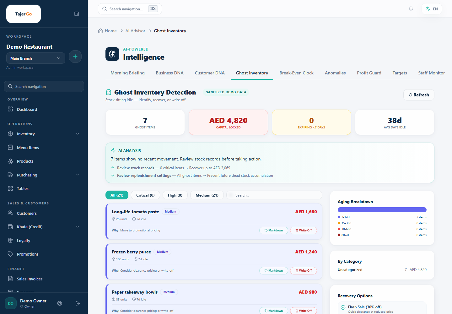 TajerGo ghost inventory view with sanitized demo data