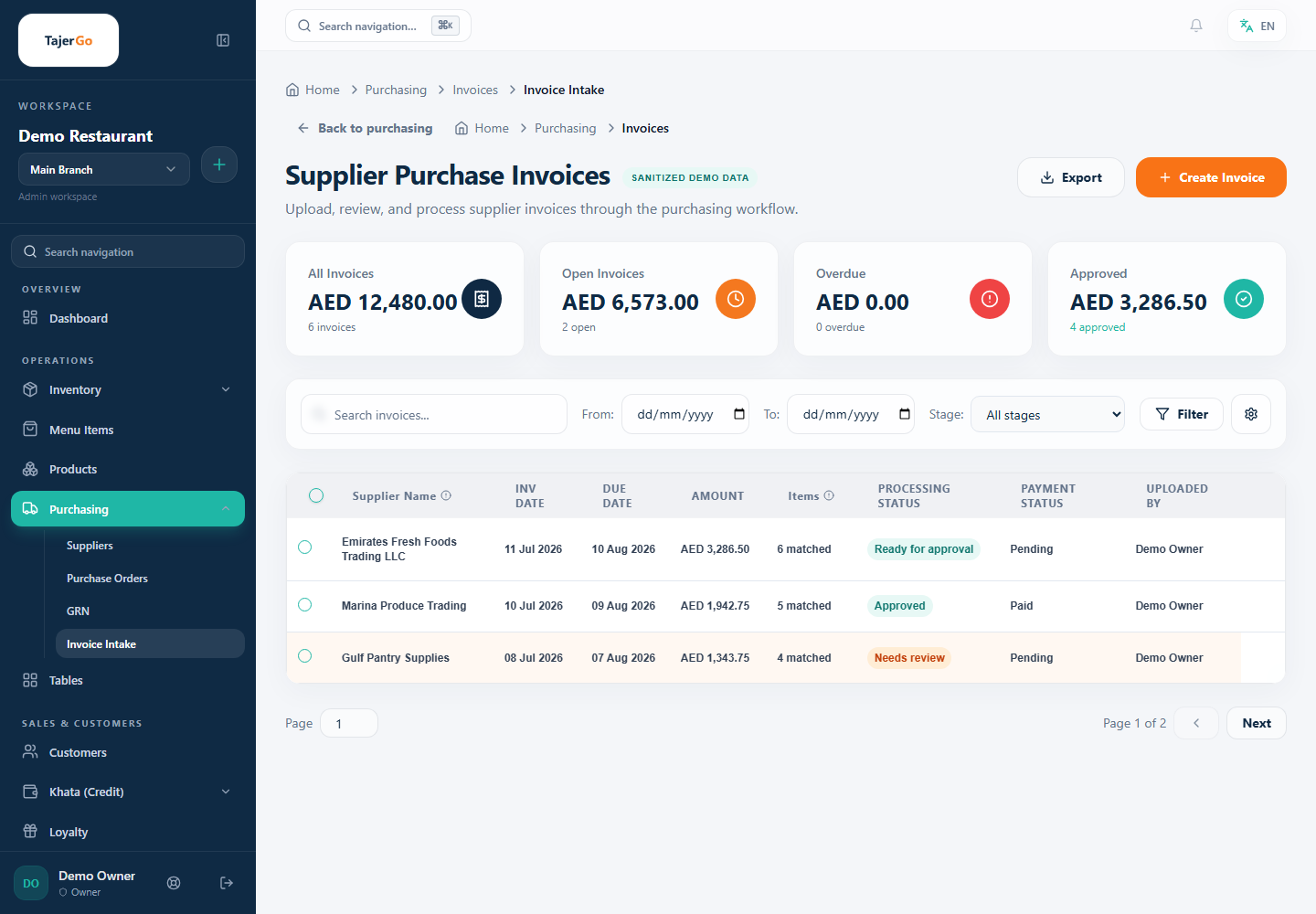 TajerGo supplier invoice review queue with sanitized demo data